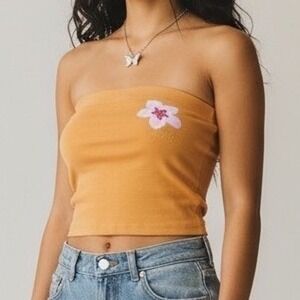 Y2k‎ Roxy Paradise Cotton Tube Top Orange Floral Print Medium Surf Bratz Hip Hop